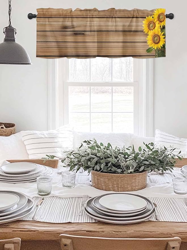 Kitchen Valances for Window, Farm Sunflower on Vintage Wood Grain Light Filtering Rod Pocket Valance Curtain, Spring Country Plant Short Curtains Window Topper for Bedroom Living Room 54x18in