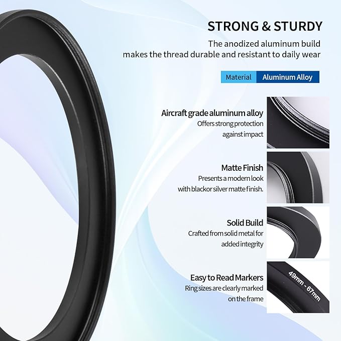 49-67mm Step-Up Ring Adapter, 49mm to 67mm Step Up Filter Ring for 49mm Lens Mount 67mm for DSLR Lenses and ND UV CPL IR Filters （49-67mm）