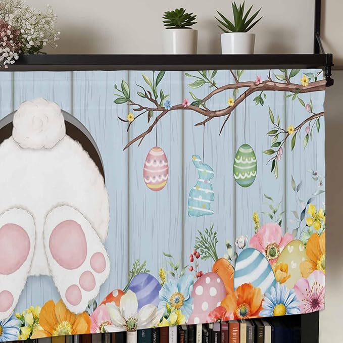 Easter Curtain Valances for Windows, Kitchen Valance Window Treatment, Spring Watercolor Bunny Eggs Flower Wood Grain Blue Light Filtering Block Curtains for Bathroom/Bedroom/Living Room 60'' x 18''