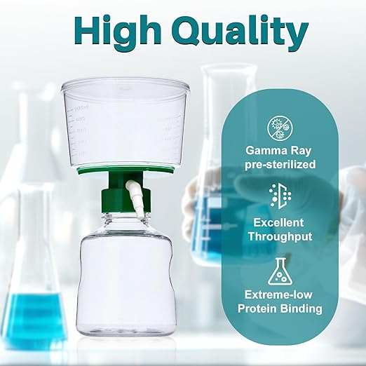 500ml Vacuum Filtration System, Disposable Sterile Vacuum Filter Units with PES Membrane, 0.22μm Pore Size, 90mm Diameter for Laboratory, Chemistry, Graduated, Individually Wrapped, 1/Case