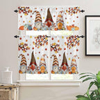 Fall Kitchen Curtain Set, Orange Yellow Thanksgiving Maple Leaf Gnomes Pumpkin Window Valance and Tiers 36" Length, Light Filtering Short Curtains Valance for Cafe Bathroom Bedroom 54"x18"