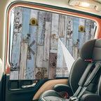Blue Grey Wooden Magnetic Double Layer Car Window Shades,Side Window Curtains for Blackout/Breathable Mesh View,Farmhouse Barn Sunflowers Retro Privacy Sun Shades for Heat/UV Protection 26x20in 2pcs
