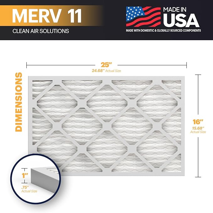 BNX TruFilter 16x25x1 Air Filter MERV 11 (4-Pack) - MADE IN USA - Allergen Defense Electrostatic Pleated Air Conditioner HVAC AC Furnace Filters for Allergies, Dust, Pet, Smoke, Allergy MPR 1200 FPR 7