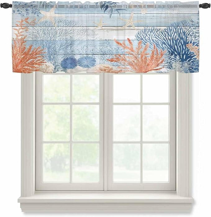 Ocean Corals Sheer Valance Curtains, Summer Beach Coral Sea Stars Blue Wood Grain Light Filtering Kitchen Valances Rod Pocket Voile Curtain Window Treatment for Bedroom/Living Room/Basement 42Wx18L