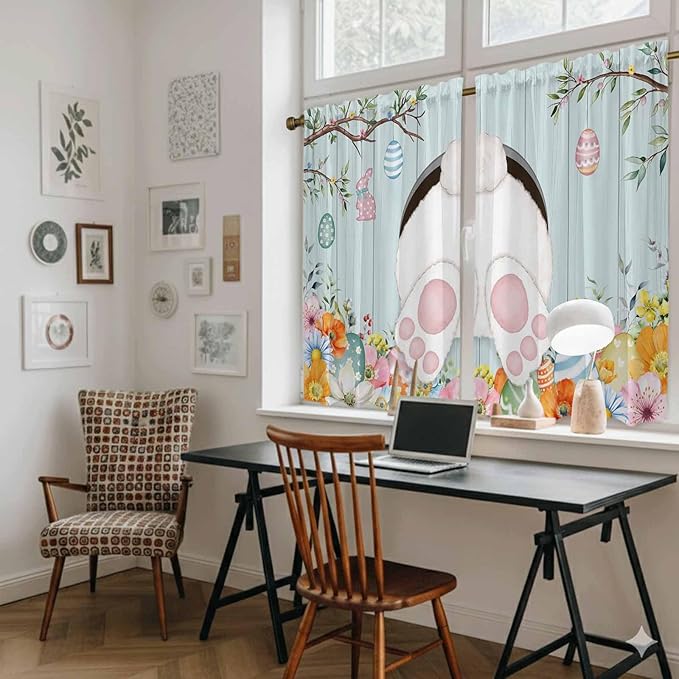 Easter Bunny Kitchen Curtains 45 Inch Long 2 Panel Set,Rod Pocket Window Treatment,Easter Eggs Spring Farmhouse Wood Grain Teal Blue Light Filtering Panels Short Drapes for Bathroom Camper 42"W x 45"L