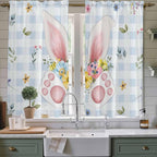 Easter Window Curtains 63 Inch Long 2 Panel Set, Rod Pocket Bedroom Curtains & Drapes, Spring Rabbits Ears Feet Floral Blue Lattice Light Filtering Window Treatment for Living Room 42"W x 63"L