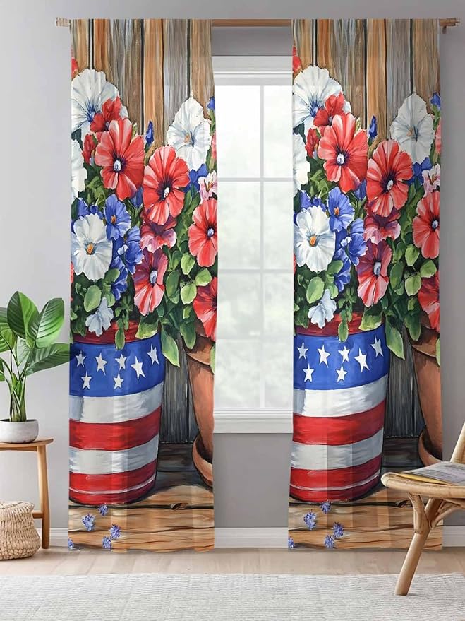 Sheer Curtains 96 Inches Long, Red Blue Flower Semi Sheer Curtains Light Filtering Window Treatment, Retro Independence Day Flag Wood Grain Privacy Voile Drapes for Living Room Bedroom 52x96 Inch