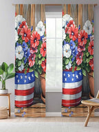 Sheer Curtains 108 Inches Long, Red Blue Flower Semi Sheer Curtains Light Filtering Window Treatment, Retro Independence Day Flag Wood Grain Privacy Voile Drapes for Living Room Bedroom 52x108 Inch