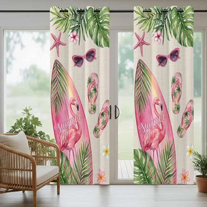 Summer Flamingbirds Outdoor Curtains for Patio Palm Leaves Plumeria Linen Waterproof Outside Curtains with Grommet Top Weatherproof Curtain for Cabana Pergola Gazebo, 2 Pack, 54" W x 95" L