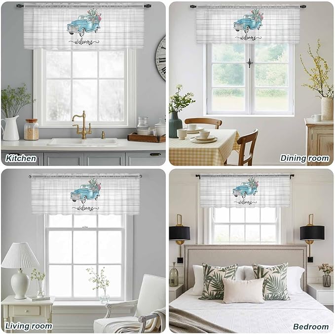 Welcome Sheer Valance Curtains, Summer Car with Cactus Succulents Grey Wood Grain Light Filtering Kitchen Valances Rod Pocket Voile Curtain Window Treatment for Bedroom/Living Room/Basement 54Wx18L