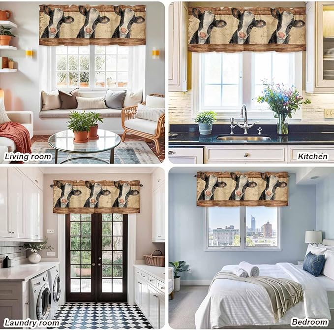 Farmhouse Cow Curtain Valances for Windows, Kitchen Valance Window Treatment, Country Vintage Animals Wooden Grain Light Filtering Block Curtains for Bathroom/Bedroom/Living Room 42'' x 18''