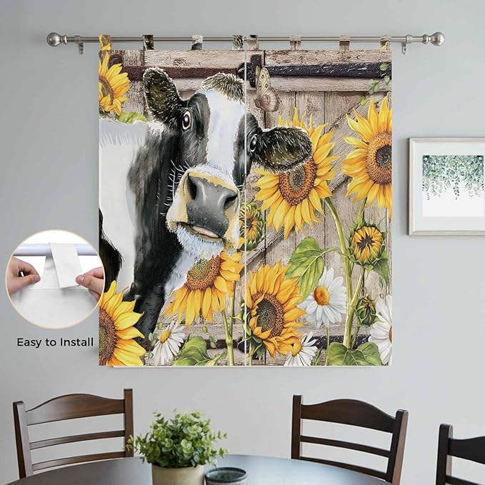 Retro Farmhouse Flower Bedroom Curtains 72 Inch Length, Window Curtains Tab Top, Yellow Sunflowers Cow Barn Doors Brown Light Filtering Window Treatments Drapes 52"x72" 2 Panel