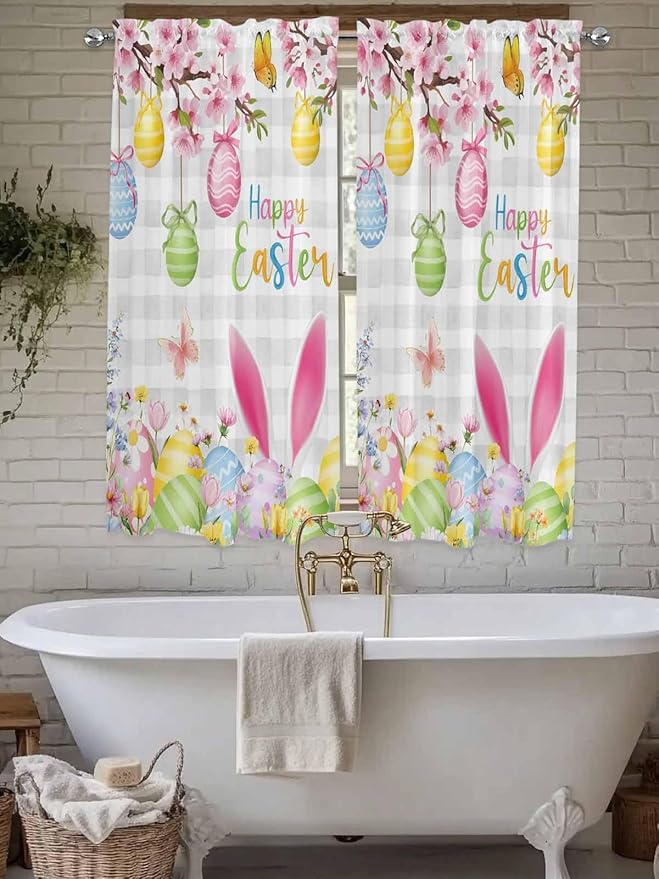 Happy Easter Bedroom Curtains 63 Inches length, Spring Watercolor Bunny Eggs Flower Grey Plaid Window Treatment Curtain Drapes, Rod Pocket Curtain Panels for Living Room Kitchen, 42"x63", 2 Panels