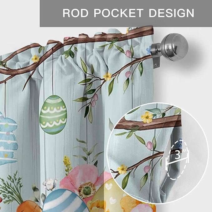 Easter Bunny Curtain Valances for Windows, Kitchen Valance Window Treatment, Easter Eggs Spring Farmhouse Wood Grain Teal Blue Light Filter Block Curtains for Bathroom/Bedroom/Living Room 42'' x 18''