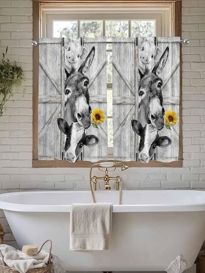 Grey Farmhouse Tier Curtains 45 Inches Long, Vintage Sunflowers Animals Printed Window Treatment Curtain Drapes, Window Half Privacy Curtains for Bedroom Bathroom, 42"x45", 2 Panels