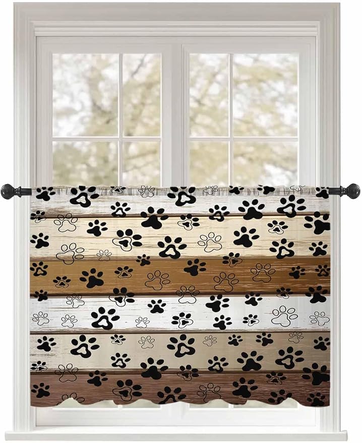 Sheer Curtains 45 Inch Length, Brown Beige Farmhouse Semi Sheer Curtains Light Filtering Window Treatment, Black Dog Paw Vintage Wooden Privacy Voile Drapes for Living Room Bedroom 52x45 Inch