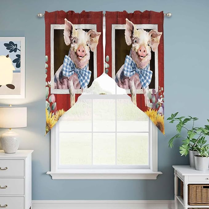Pig Sunflowers Swag Valances for Windows, Eucalyptus Leaves Floral Bees Red Barn Rod Pocket Kitchen Curtains Valance, Small Window Curtains Swag for Cafe Bathroom Living Room, 2 Panels, 28x36 inch