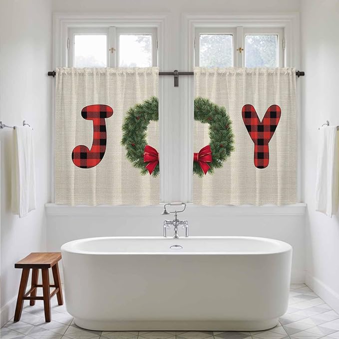 Red Green Christmas Kitchen Curtains 54 Inch Long 2 Panel Set, Rod Pocket Window Curtains Panels, Farmhouse Xmas Botanical Winter Light Filtering Drapery Draperies for Bathroom Bedroom 52"W x 54"L