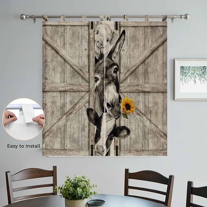 Funny Farm Animals Bedroom Curtains 72 Inch Length, Window Curtains Tab Top, Vintage Barn Brown Sunflowers Light Filtering Window Treatments Drapes 52"x72" 2 Panel