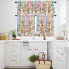 Easter Kitchen Curtains Set 3 Piece for Windows, Rod Pocket Valance and Tier Set 24 Inch Length, Spring Bunny Eggs Botanical Floral Wooden Grain Light Filtering Cafe Curtains for Living Room Bathroom