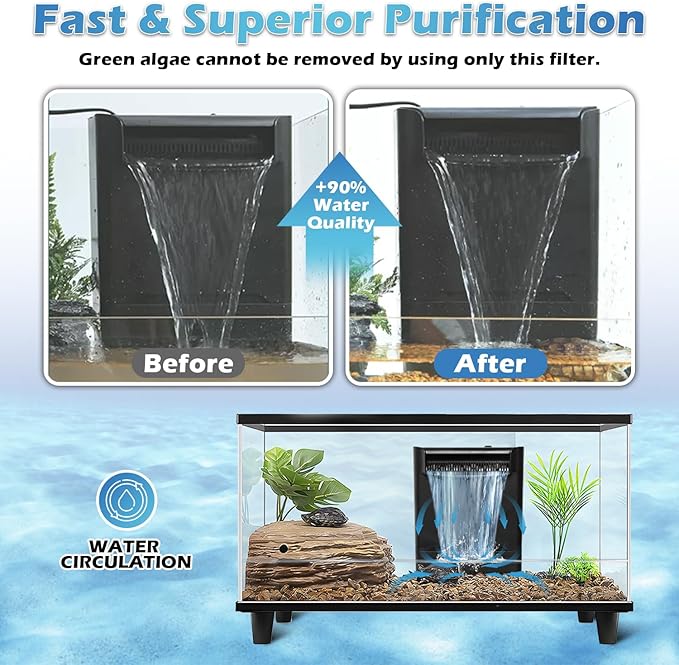 Turtle Tank Filter Aquarium Filter w/ Detachable U-V Light for 30-75Gal, Waterfall Flow Adjustable Low Water Level Internal Green Clean Machine Killing Deodorization Saltwater Freshwater Crystal Clear