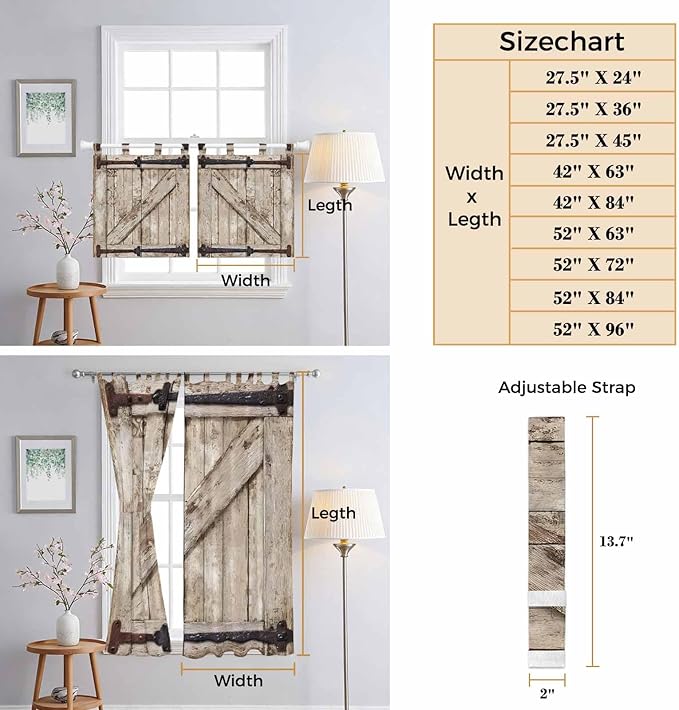 Farmhouse Wood Grain Bedroom Curtains 72 Inch Length, Window Curtains Tab Top, Vintage Country Barn Gate Brown Light Filtering Window Treatments Drapes 52"x72" 2 Panel