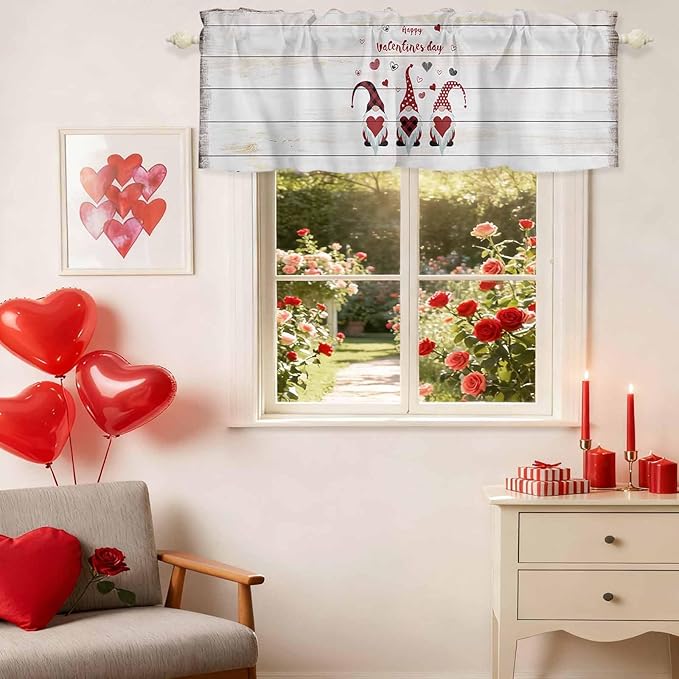 Happy Valentine's Valance Curtains for Kitchen, Day Gnomes Love Heart on Rustic Wood Grain Privacy Rod Pocket Valance Curtain, Light-Filtering Window Treatment for Bedroom Bathroom, 54"x18"