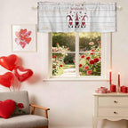 Happy Valentine's Valance Curtains for Kitchen, Day Gnomes Love Heart on Rustic Wood Grain Privacy Rod Pocket Valance Curtain, Light-Filtering Window Treatment for Bedroom Bathroom, 54"x18"