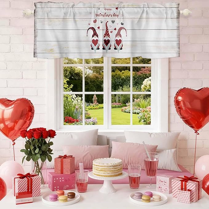 Happy Valentine's Valance Curtains for Kitchen, Day Gnomes Love Heart on Rustic Wood Grain Privacy Rod Pocket Valance Curtain, Light-Filtering Window Treatment for Bedroom Bathroom, 60"x14"