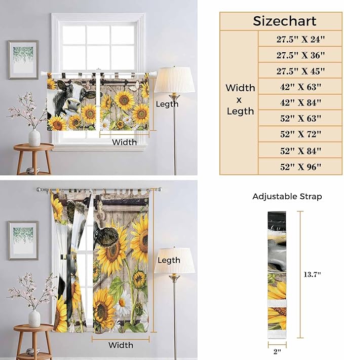 Retro Farmhouse Flower Kitchen Curtains 24 Inch Length, Small Window Curtains Tab Top, Yellow Sunflowers Cow Barn Doors Brown Light Filtering Short Window Treatments Tier Drapes 27.5"x24" 2 Panel
