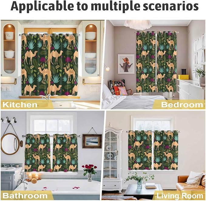 2 Panel Kitchen Cafe Curtains, Retro Desert Camel Sunlight Filtering Nature Air Through, Window Decor Tier Curtains for Living Room 104W x 63L inch Tropical Animal Aloe Vera Leaves Dark Green