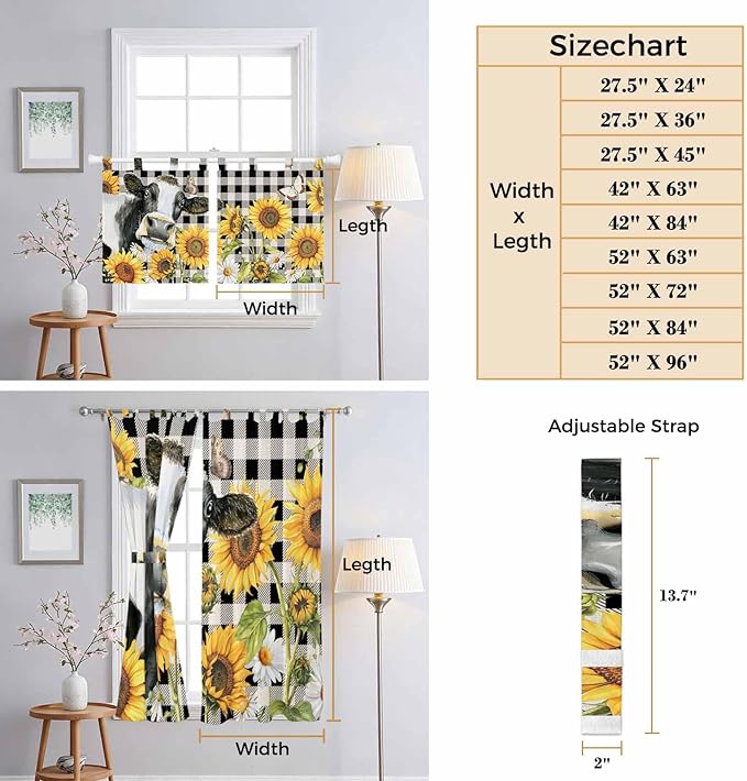 Retro Sunflowers Kitchen Curtains 45 Inch Length, Short Cafe Window Curtains Tab Top, Farmhouse Floral Cow Butterfly Black Plaid Light Filtering Window Treatments Tier Drapes 27.5"x45" 2 Panel