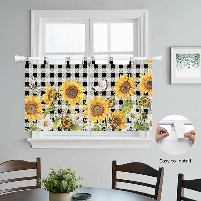 Sunflowers Kitchen Curtains 36 Inch Length, Small Window Curtains Tab Top, Yellow Flowers Butterfly Farmhouse Black Plaid Light Filtering Short Window Treatments Tier Drapes 27.5"x36" 2 Panel