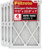Filtrete 17.5x23.5x1 AC Furnace Air Filter, MERV 11, MPR 1000, Micro Allergen Defense, 3-Month Pleated 1-Inch Electrostatic Air Cleaning Filter, 4 Pack (Actual Size 17.19x23.19x0.81 in)