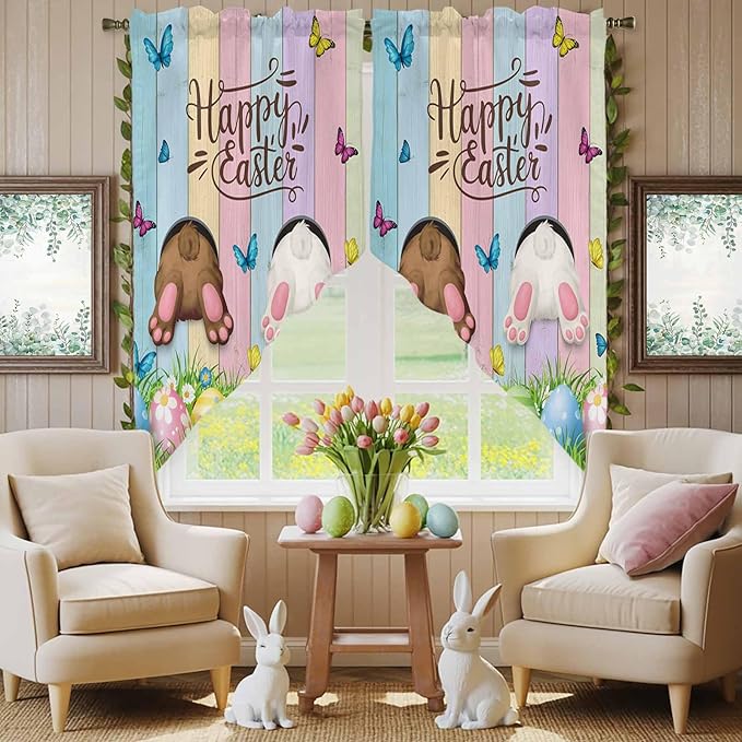 Swag Curtain Valances for Kitchen Windows,Happy Easter Rabbit Butt Egg on Daisy Leaf Short Rod Pocket Window Valance,Bufferfly on Wood Barn Swag Topper for Bedroom Living Room,2 Panels 36x45in