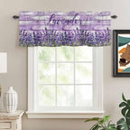 Kitchen Valances for Window, Retro Lavender on Farm Wood Grain Light Filtering Rod Pocket Valance Curtain, Watercolor Purple Flowers Short Curtains Window Topper for Bedroom Living Room 54x18in