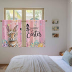 Easter Kitchen Curtains, Spring Rabbit Eggs Flowers Flags Leaves Wood Grain Light Filtering Window Curtain Panels, 2Pcs Rod Pocket Window Treatments Set for Study Room Bathroom Bedroom 52x54 Inches