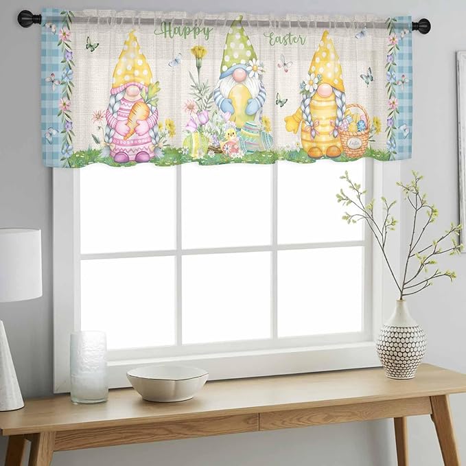 Easter Sheer Valances for Windows 54"x18", Light Filtering Kitchen Curtains Valance, Gnomes Colorful Eggs Butterfly Flowers Blue Check Rod Pocket Chiffon Curtains for Living Room Bedroom Cafe