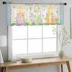 Easter Sheer Valances for Windows 42"x18", Light Filtering Kitchen Curtains Valance, Gnomes Colorful Eggs Butterfly Flowers Blue Check Rod Pocket Chiffon Curtains for Living Room Bedroom Cafe