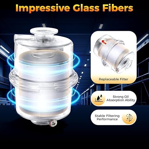 KF25 Oil Mist Filter, Vacuum Pump Exhaust Oil Mist Filter with 15.75 in Oil Drain Pipe, Oil Removal Up to 95%, Built-in Glass Fiber Filter Material, Vacuum Pump Filter for Industrial Production
