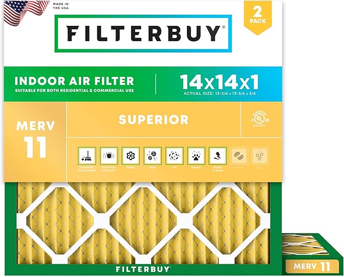 Filterbuy 14x14x1 Air Filter MERV 11 Superior Pet & Allergy Defense (2-Pack), Electrostatic Pleated HVAC AC Furnace Filters Replacement, Made in USA (Actual Size: 13.75 x 13.75 x 0.75)