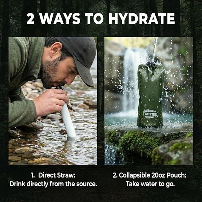 2-Pack Tactiko Survival 20oz/600ml Filtered Water Bottle Kit - Purify 265 Gal. Water from Rivers, Lakes & Streams - SGS Certified - UF Membrane, Activated Carbon - Camping, Emergency (Blue/Green)