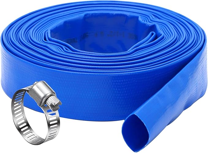 DAVCO 1.25" x 50 ft Pool Backwash Hose, Heavy Duty Reinforced Blue PVC Lay Flat Water Discharge Pump Hoses For Swimming Drain Pools and Clean Filters,with 1 Clamp