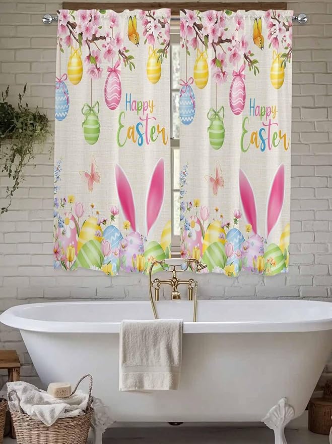 Happy Easter Living Room Curtains 72 Inches length, Spring Farmhouse Bunny Eggs Flower Beige Window Treatment Curtain Drapes, Light Filtering Drapes for Bedroom Laundry Room, 52"x72", 2 Panels