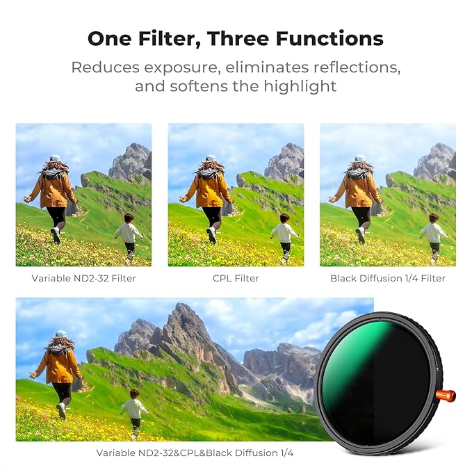 K&F CONCEPT 72mm Black Diffusion Mist Effect 1/4 & Variable ND2-32(1-5 Stops) & Circular Polarizing Filter CPL-in 1 Lens Filter with 18 Multi-Coatings for Camera Lenses (K-Series)