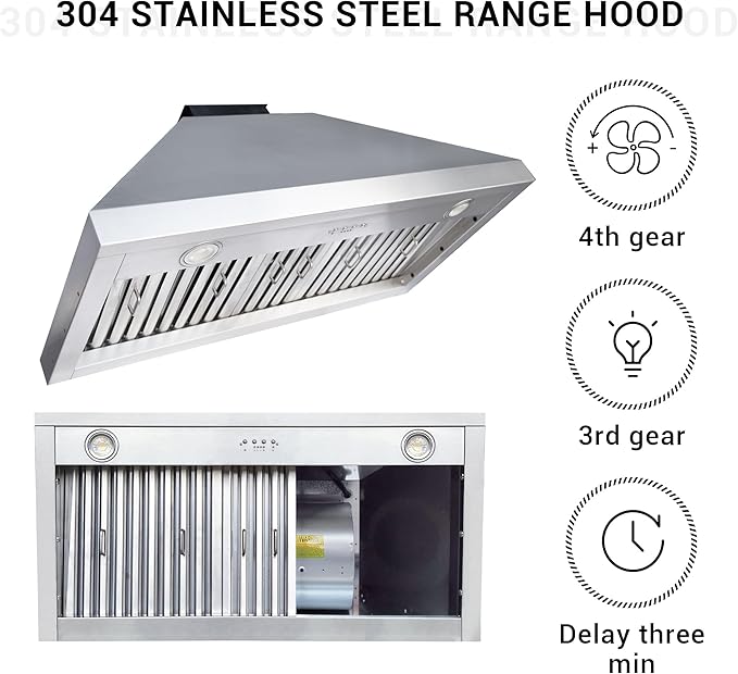 CHETTO C Stainless Steel Range Hood Cover with Quiet Vent Hood Insert Custom Handcrafted Metal Kitchen Fan with Towel Rack LED Light 36"W x24"D x48"H Brushed Stainless Steel Wall Mount