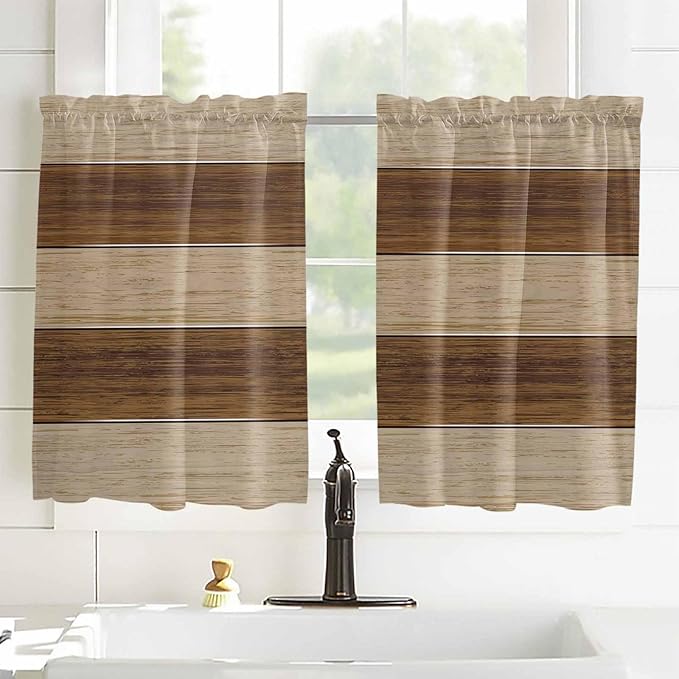 Retro Country Brown Wooden Board Window Valance Curtains, Farmhouse Gradient Plank Light Filtering Kitchen Valance with 3-inch Rod Pocket for Living Room Bathroom Bedroom,2 Panel,27.5x45In
