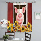 Pigs Sunflowers Living Room Curtains 96 Inch Length, Window Curtains Tab Top, Farmhouse Red Barn Flowers Animals Light Filtering Window Treatments Drapes 52"x96" 2 Panel