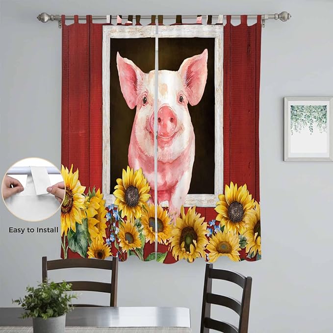 Pigs Sunflowers Living Room Curtains 84 Inch Length, Window Curtains Tab Top, Farmhouse Red Barn Flowers Animals Light Filtering Window Treatments Drapes 52"x84" 2 Panel
