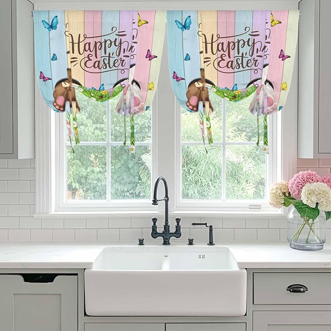 Tie Up Curtains,Happy Easter Rabbit Butt Egg on Daisy Leaf Adjustable Rod Pocket Window Shade Curtain Drape Bufferfly on Wood Barn Tie-Up Valance for Kitchen Bedroom Living Room Windows,42"x54"
